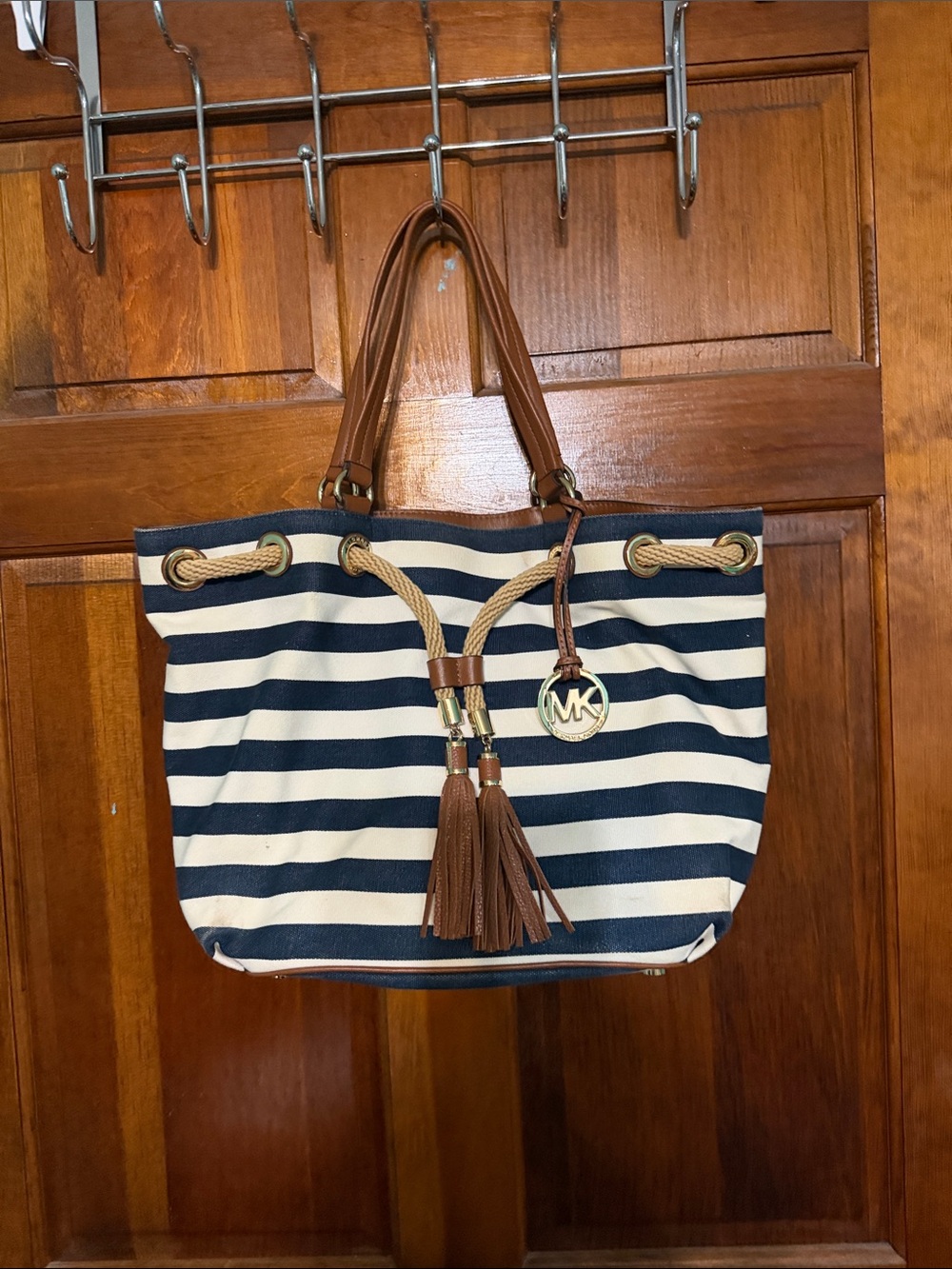 Michael Kors Navy & White Striped Tote with Brown Leather Trim and Tassels